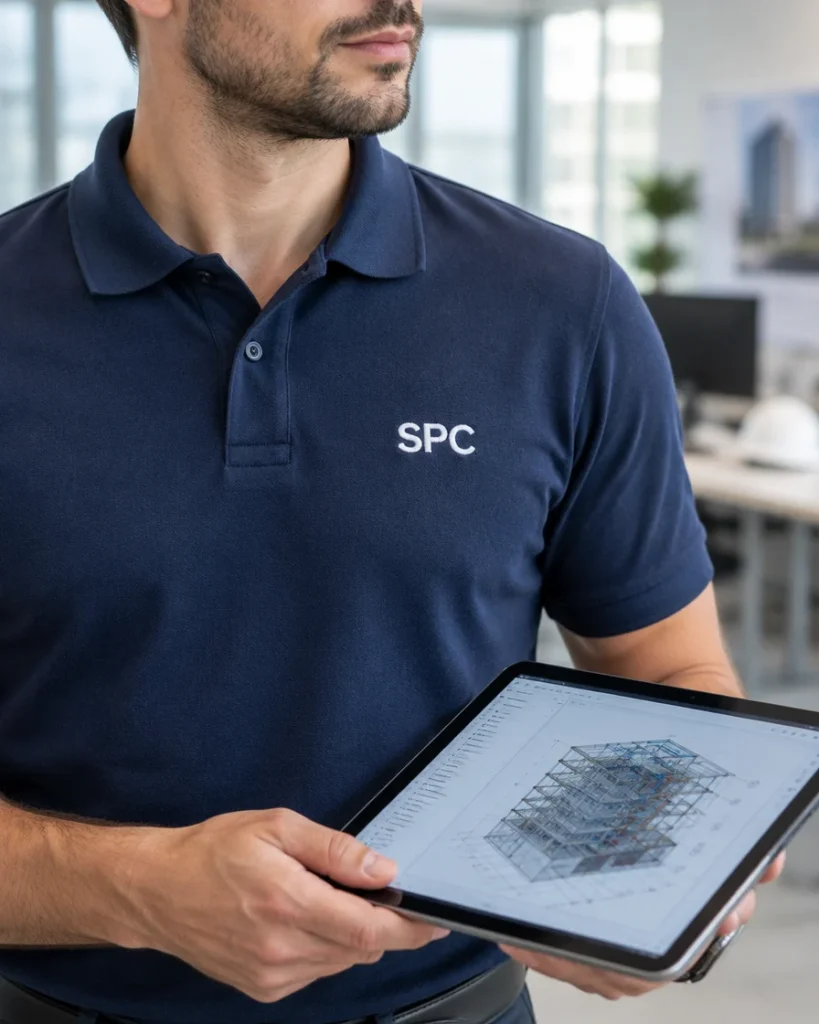 Engineer in a navy SPC polo shirt holding a tablet with a technical building diagram