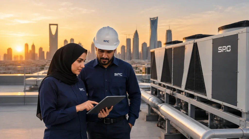SPC engineers inspecting rooftop HVAC equipment at golden hour