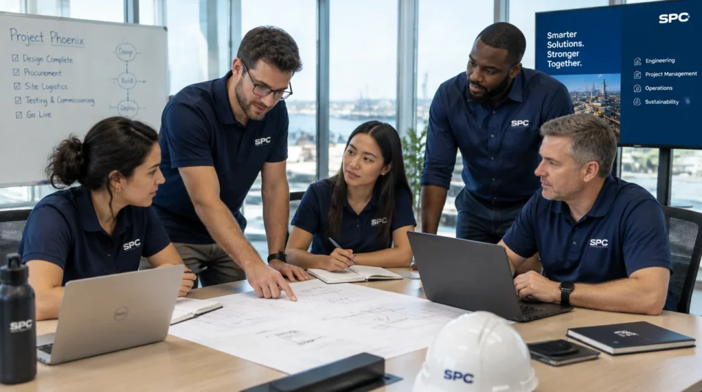 SPC engineering team collaborating around a table with plans and laptops