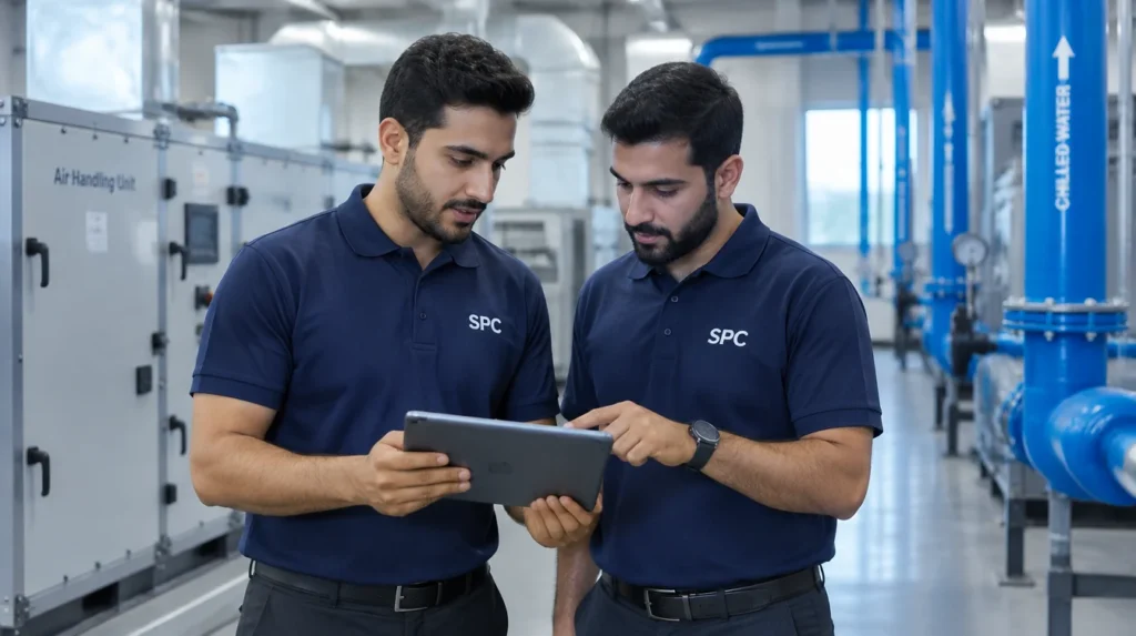 Two SPC engineers in navy polo shirts reviewing building plans in a modern mechanical plant room